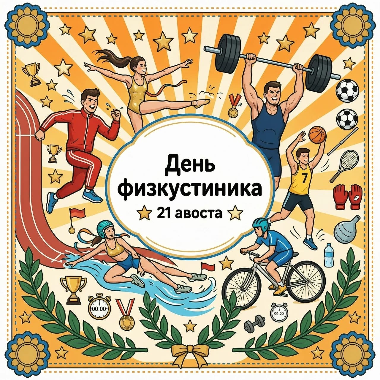 Нарисуй красивый  рисунок на тему День физкультурника, оставь по центру свободное место для текста.
