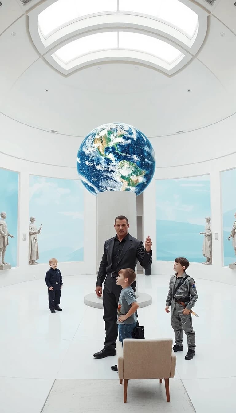 A large, semi-circular, white hall with no windows. Along the walls are sculptures depicting a ball on a very thin pillar. The walls are adorned with paintings depicting a ball on a pale blue background, with the surface of the ball covered in a mosaic pattern made up of numerous small black and mirror-like tiles, standing on a very thin pillar on a pale blue background. In the center of the hall is a holographic terminal. Standing near the terminal is a tall, muscular man in a flight suit without any insignia, accompanied by a 12-year-old boy. In the background, near the wall, a man in a silver-black suit is sitting on one of the soft chairs with a surprised expression on his face, while a young man in a flight suit with a thin sword on his belt is standing next to him. Above the holographic terminal, a three-dimensional image of the planet Earth is rotating, consisting of a mosaic pattern made up of numerous small black and mirror-colored tiles.