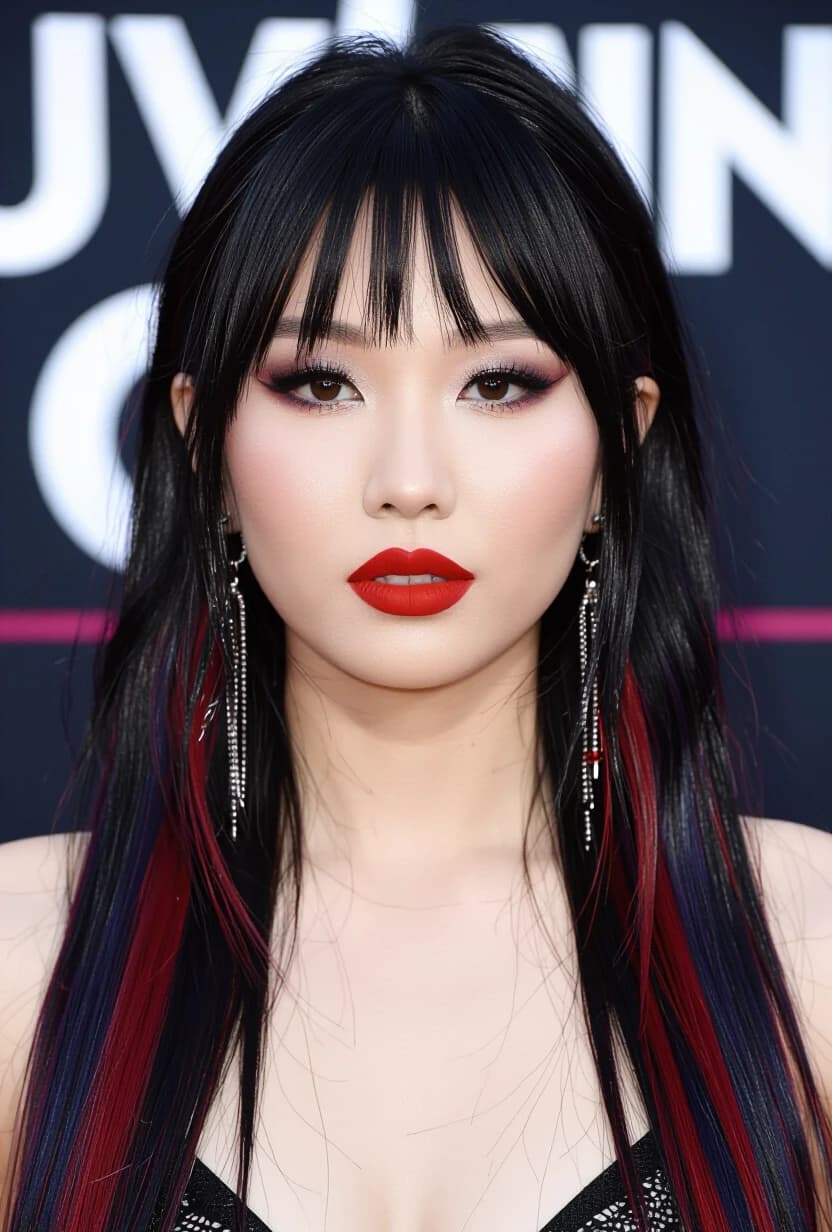closeup portrait of an Asian goth woman, messy straight-cut long hair, bangs, multi-tone hair (black with red and blue highlights), long earrings, heavy make-up, red lips, dark eyeshadow, dark background