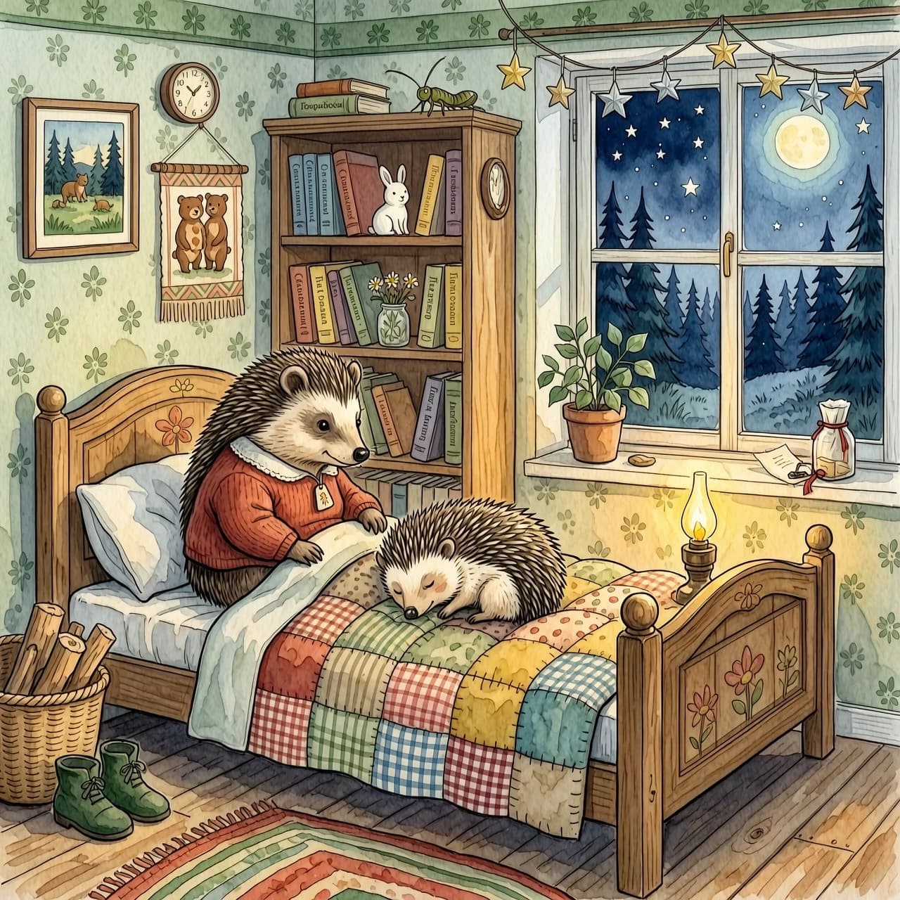 Иллюстрация к русской детской книге, техника многослойной акварели на фактурной бумаге яичная скорлупа. На переднем плане в уютной кроватке, укрытый лоскутным одеялом, спит маленький барсученок. Рядом сидит большая барсучиха. На полке сидит сверчок. За окошком виден лес и звезды.  Сказочный ночной покой, дух советских диафильмов, работы Виктора Чижикова, детальная проработка теней, 4K.