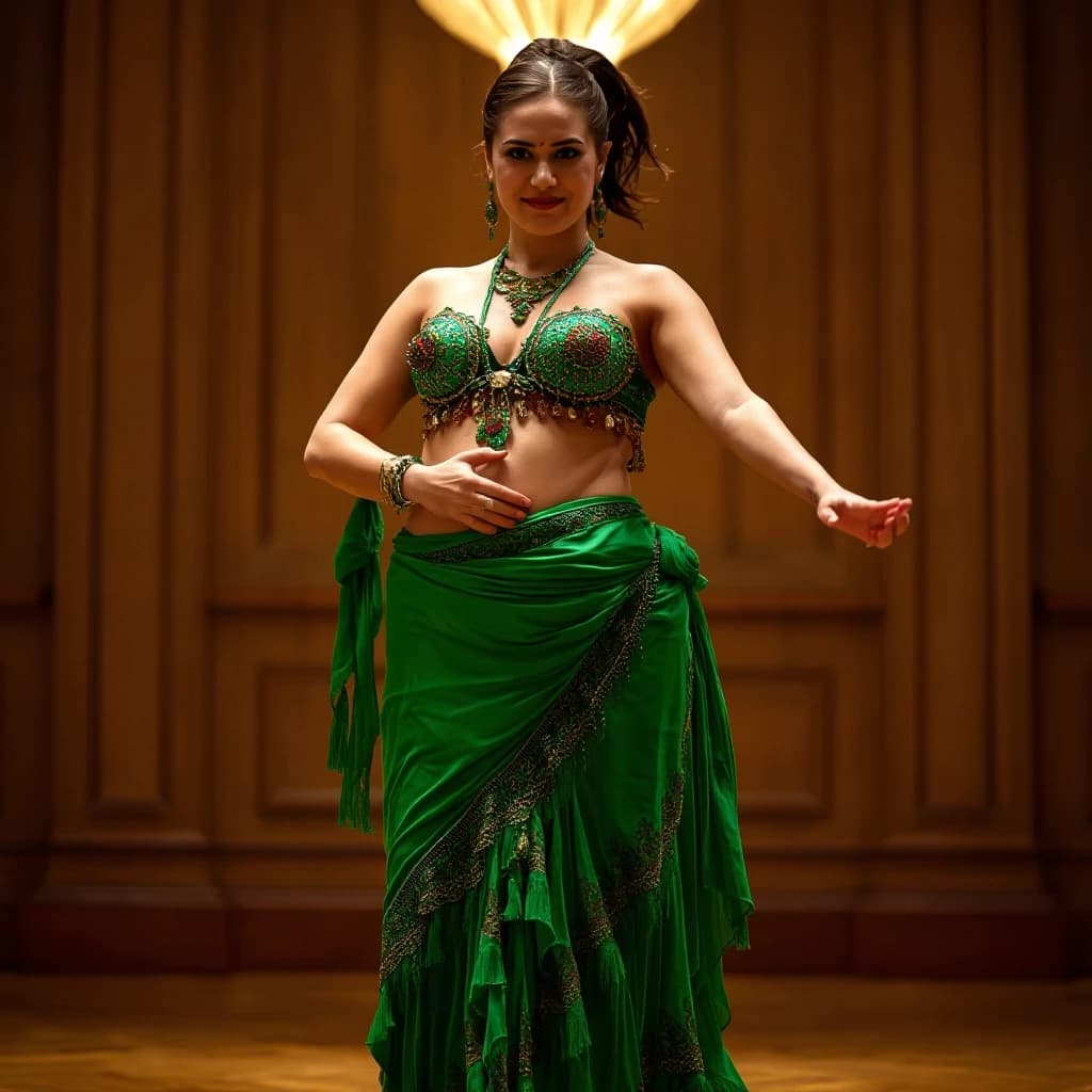 front view chubby belly dancer fifty years woman in green costume brown short ponytail hair stand in hall