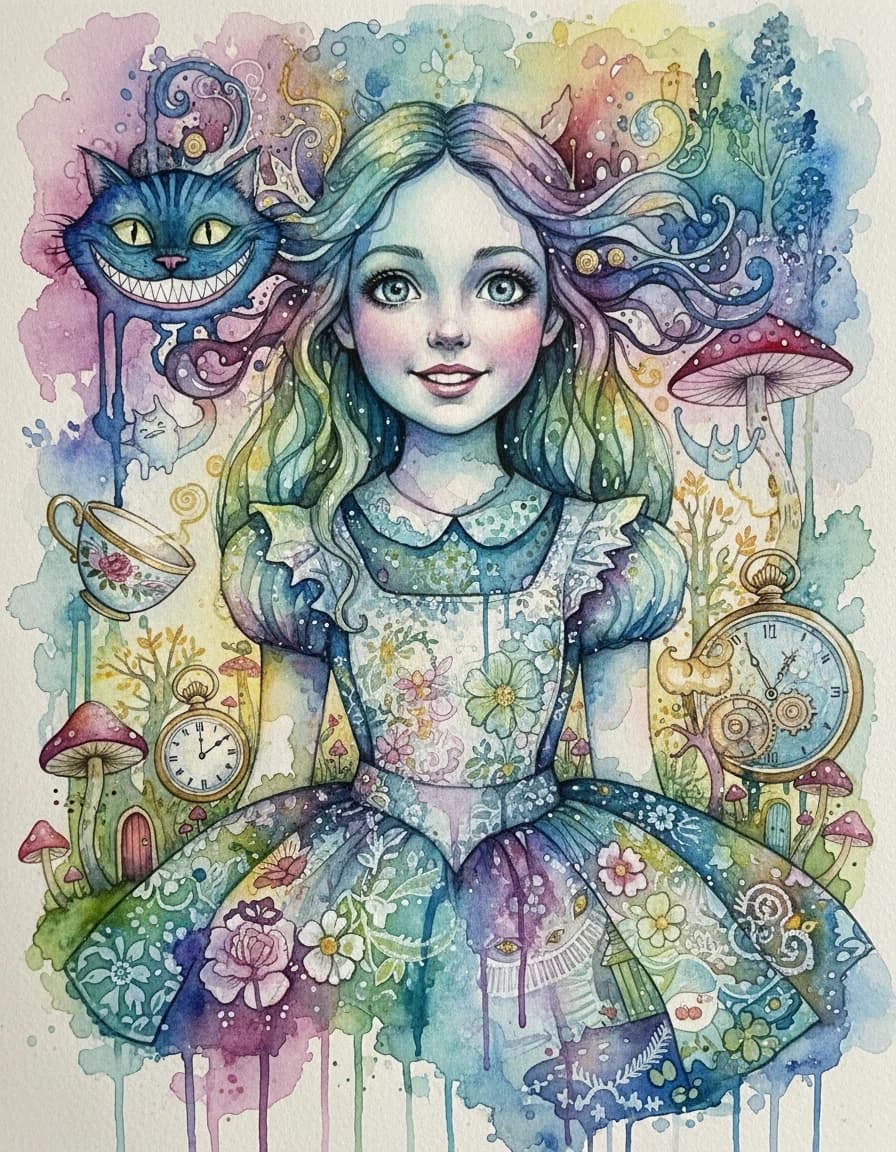 Watercolor painting is a true masterpiece of graphic style. ((Alice in Wonderland, an atmosphere of mystery and happiness.)). Intense close-up. High resolution. High quality. Increased attention to small details. Hyper-realistic surrealist style, impressionism. Increased attention to the smallest details and texture. The author is Russ Mills.