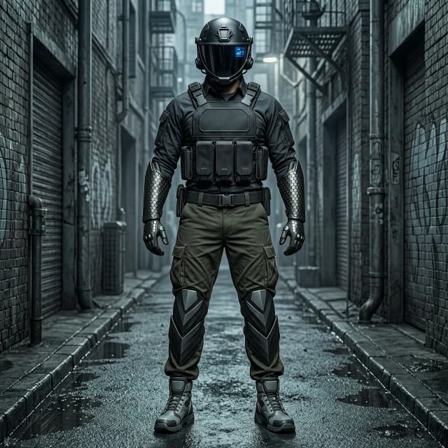 A full-body concept art of a sci-fi military operative standing in a dark cyberpunk alley, precise symmetry. He is wearing a realistic dark tactical combat shirt and loose dark-olive military combat cargo pants. Over the shirt, he wears a matte-black heavy tactical ballistic plate carrier armor with a detailed chest rig. His head is enclosed in a high-tech Ops-Core ballistic helmet with a glossy black motorcycle visor showing a tiny, dim, barely visible blue holographic hud indicator on the side. Symmetrically, both arms are completely covered from shoulders to fingertips in an integrated armor sleeve made of completely matte, non-reflective black carbon fiber hexagonal nano-plates that seamlessly form the articulated gauntlets and fingers. Over his combat pants, his legs from knees down to the shins are reinforced with heavy, large armor segments shaped like wide V-shaped chevrons, mimicking the iconic Geass crest shape, in a flat matte black finish. Lightweight high-tech futuristic combat boots. Photorealistic, intricate cybernetic details, low-key cinematic lighting --ar 3:4