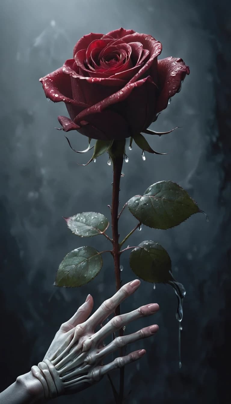 Masterpiece. best quality. Epic. cinematic. Award winning. Ultra detailed. dramatic. attention-grabbing. challenge winning. A skeletal hand delicately holds a single, perfect crimson rose, its petals glistening with dew. The background is a deep, velvety black, with subtle hints of ethereal light catching the bone. This image captures a moment of fragile beauty amidst decay, rendered in a stark, painterly style with strong chiaroscuro to emphasize the contrast between life and death, leaning into surrealism.