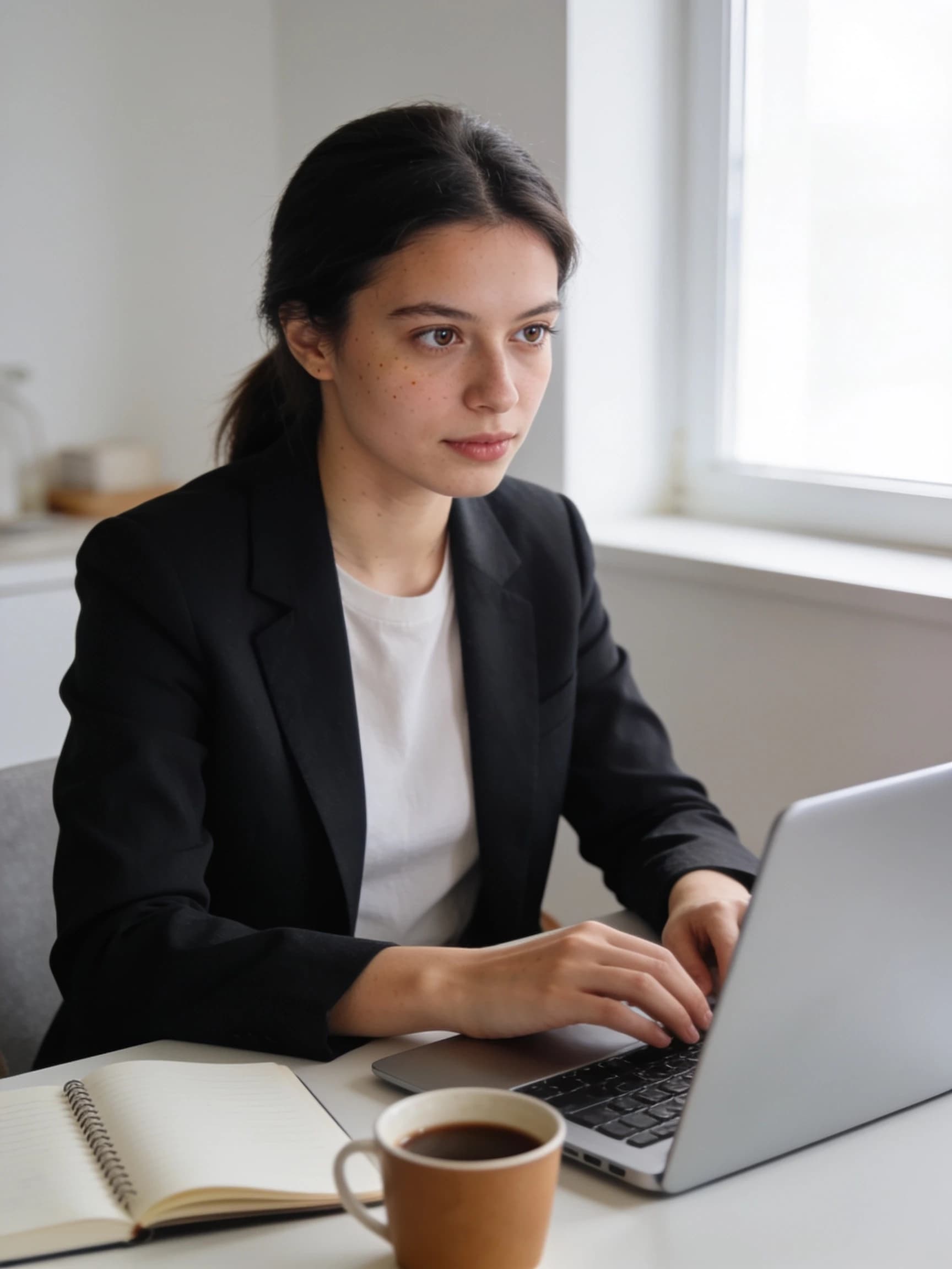 Photorealistic commercial stock photograph of a young professional woman working remotely in a bright minimalist home office, sitting at a laptop beside a notebook and coffee cup, natural window light, authentic focused expression, realistic skin texture, subtle natural imperfections, tidy but lived-in interior, soft neutral color palette, ample copy space on the right, candid lifestyle photography, full-frame camera, 35mm lens, sharp eyes, natural depth of field, high resolution, no logos, no readable text, no watermark --ar 3:2 --style raw --s 50 --v 6.1