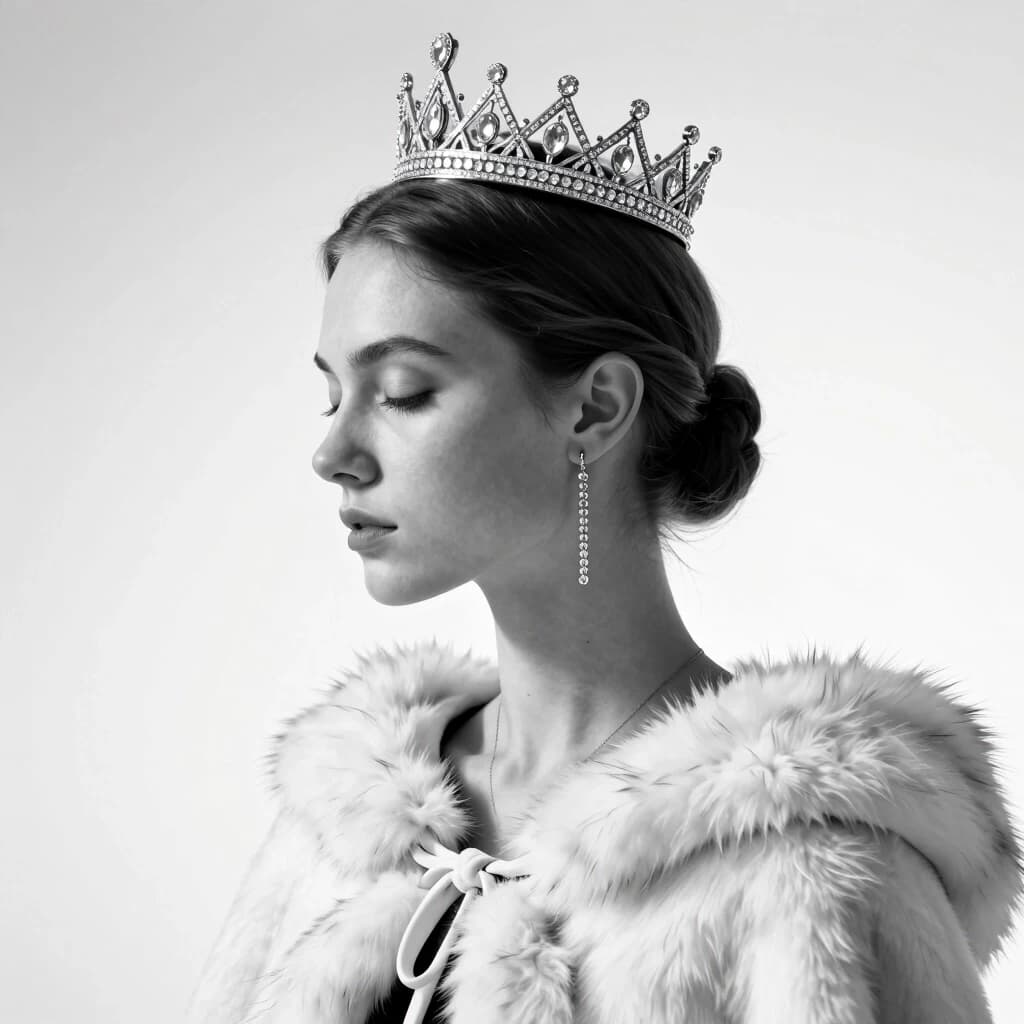 Тип изображения / стиль: фотореалистичный beauty-fashion портрет, студийный high-key ч/б, “royal queen / crown editorial”, минималистичный фон, мягкая киношная пластика света, очень плавные градиенты серого, тонкий film grain (умеренно), сверхчистая ретушь без эффекта пластика. Композиция / ракурс Вертикальный кадр (портрет). Крупный план: голова и верх плеч, кадр обрезает ниже ключиц/до середины меховой накидки. Модель показана в строгом профиле (лицо смотрит влево), шея вытянута. Глаза закрыты или опущены, выражение спокойное, почти медитативное. Корона занимает верхнюю часть кадра, визуально “подчеркивая” профиль. Фигура повернута так, чтобы были видны контуры носа, губ и подбородка в боковом свете. Волосы / укладка Волосы аккуратно уложены назад/вниз, чтобы открыть ухо и линию шеи. Никаких растрёпанных прядей, общая геометрия прически чистая и ровная. Корона / тиара (ключевой акцент) Роскошная серебристая корона-тиара с множеством высоких каменных “пиков” (как корона с ажурными зубцами). Основа: тонкая металлическая филигрань с инкрустацией прозрачными кристаллами/алмазной крошкой. Камни должны давать реалистичные микро-блики (яркие точки) и мягкое отражение, без “радужных” артефактов. Корона стоит ровно по центру головы, не смещена и не деформируется. Украшения Длинные серьги-подвески (капля/цепочка): видна длинная нить с маленькими кристаллами и легким движением/падением. Небольшое колье/подвеска на шее (минимализм): тонкая цепочка с аккуратным кулоном (в ч/б он светлый, не массивный). Одежда / фактура Меховая накидка/шаль белого цвета (как белый искусственный мех или натуральный), крупная пушистая фактура. Важно: мех должен выглядеть материальным, с индивидуальными ворсинками и мягкими тенями, а не “плоской” заливкой. Плечи закрыты мехом, мех занимает нижнюю часть кадра. Свет / фон / атмосфера Белый студийный фон (near-white) с очень мягким градиентом, без видимых предметов. Освещение: мягкий боковой/контурный свет, чтобы подчеркнуть контуры лица и шеи. Никаких жёстких теней: только плавные переходы по скулам и линии носа. Общий цветовой режим: монохром, высокий ключ (high-key), но без “съедания” деталей на