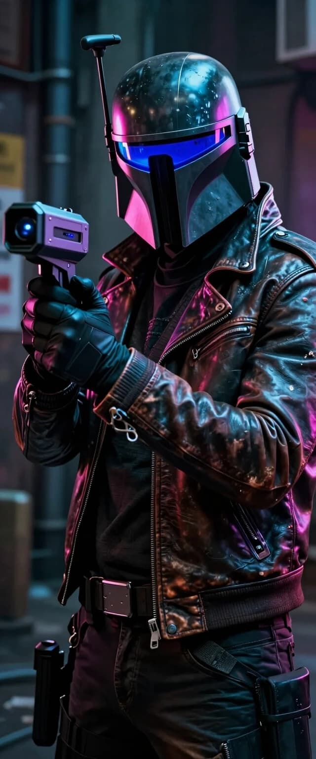 A cinematic shot of a futuristic bounty hunter, cyberpunk style, neon lighting, holding a high-tech tracking device, wearing a weathered leather jacket and a glowing visor, dark alley background, 8k resolution, photorealistic, highly detailed --ar 16:9