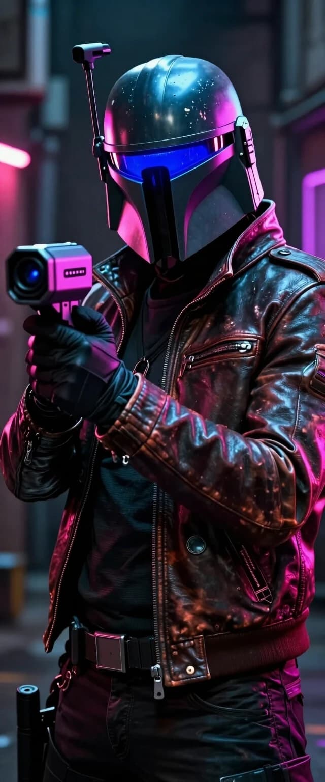 A cinematic shot of a futuristic bounty hunter, cyberpunk style, neon lighting, holding a high-tech tracking device, wearing a weathered leather jacket and a glowing visor, dark alley background, 8k resolution, photorealistic, highly detailed --ar 16:9