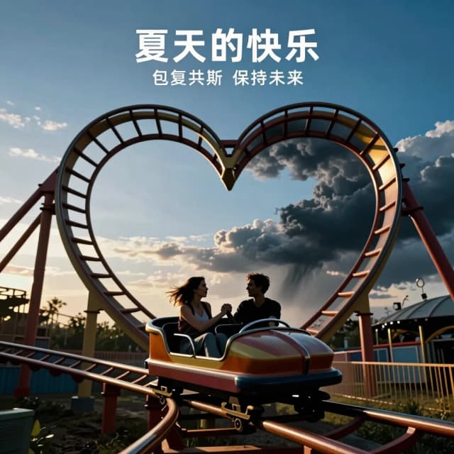 Cinematic wide shot of two silhouettes, a man and a woman, sitting side by side in a vintage rollercoaster cart, their hands tightly clasped together. The rollercoaster track is uniquely shaped like a giant, dramatic heart, with one half of the track rising steeply into bright golden sunlight and a clear blue sky (representing euphoria and passion), and the other half plunging sharply into dark stormy clouds and shadows (representing instability and emotional lows). Their facial expressions show a mix of excitement, fear, and determination. The scene is set in a surreal, empty, dreamlike amusement park at twilight. The composition has a large area of sky above, perfect for adding event title and text. Surreal, emotional, dramatic chiaroscuro lighting, contrast between light and dark, intense but hopeful atmosphere, photorealistic, 8k, shallow depth of field, 4:5 aspect ratio.