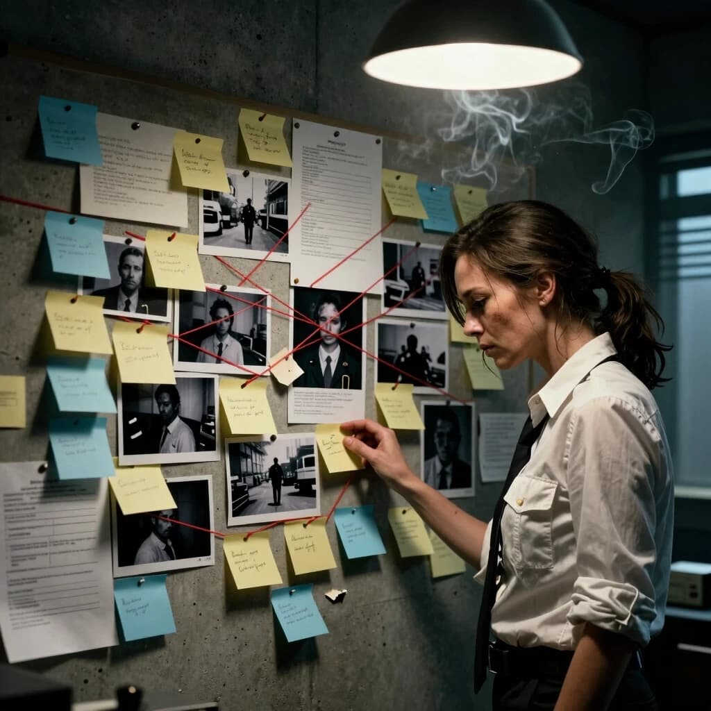 Prompt:
A cinematic, high-detail realistic wide shot, 8k RAW. A grim investigator's office with a massive grey concrete wall serving as a chaotic evidence board. The wall is saturated with hundreds of overlapping sticky notes in muted yellow, pale blue, and stark white, intertwined with grainy black-and-white crime scene photos and handwritten reports. Red strings stretch across the wall, connecting disparate notes and photos in a complex web. A woman detective, exhausted but determined, stands in profile, her hand resting on a peeling note. She wears a rumpled white shirt with rolled-up sleeves. Lighting: a single, harsh overhead industrial lamp casting deep, dramatic shadows, creating a chiaroscuro effect. The air is thick with floating dust and a hint of cigarette smoke. Shot on Nikon Z9, 35mm lens, f/2.8, moody noir aesthetic, extreme tactile detail of torn paper, ink smudges, and the cold texture of concrete.