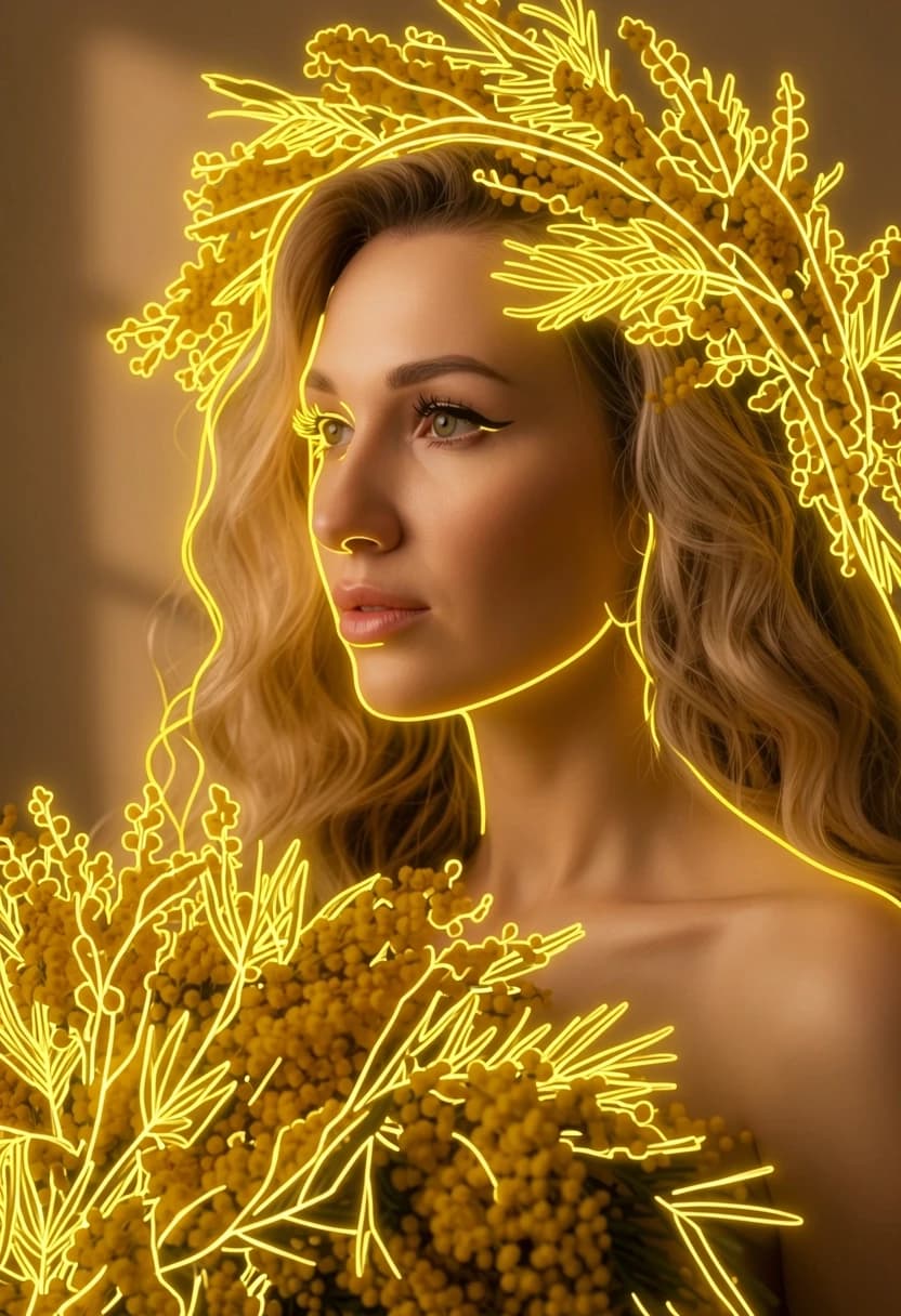 Detailed photo of the girl, with a few minimal 8mm yellow LED neon lines running smoothly strictly along the contours of the mimosa flower wreath and bouquet. Continuous long neon light tracks, elegant minimalist layout, zero chaotic lines on the face, perfect face preservation, clear clean design for CNC path template