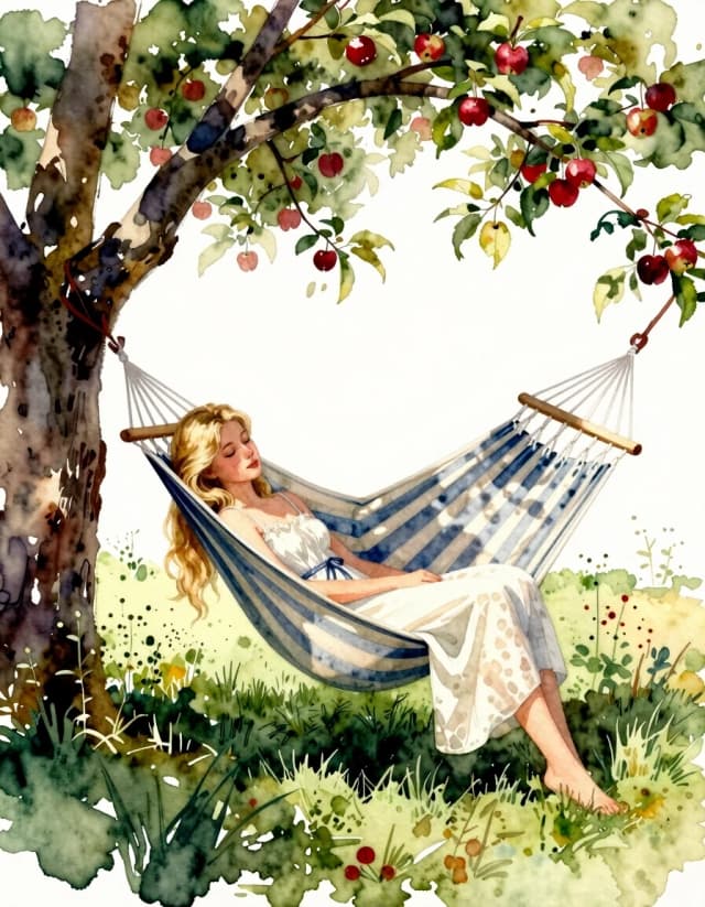 A masterpiece. Create an image. Watercolor painting style: ((Beautiful blonde girl):1.6 dozing in a hammock under the apple trees in the garden):1.6, clear edges, clear textures, volumetric composition, studio lighting, author's style, 8k resolution. High detail and clear texture. High quality. Increased attention to small details. The aspect ratio is 3:4.