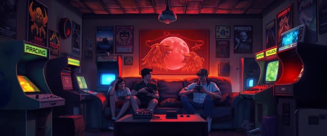 A cozy and vibrant wide illustration of a group of friends gaming together on a couch, surrounded by retro consoles, arcade machines, posters, and glowing monitors. Warm ambient room lighting with soft neon accents, dynamic reflections, feeling of nostalgia, brotherhood, and fun, semi-realistic stylized digital art, detailed background, 8k --ar 16:9