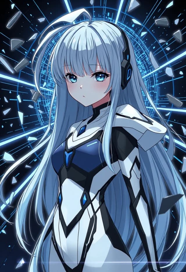 (lacia beatless:1.4), beatless, 1girl, solo, android, long straight hair, loose hair, hair down, long hair flowing, (ice blue hair, light silver-blue hair:1.2), blunt bangs, black hair ornaments on sides of head, (dark blue eyes, indigo eyes:1.2), expressionless, wearing futuristic white and black hIE bodysuit, surrounded by floating huge black mechanical weapon parts Black Monolith, shattered glass shards flying in air, glowing blue cyber lines, laser grids, abstract futuristic background, dynamic debris, cinematic sharp contrast, lens flare, masterpiece, high quality anime, digital art, illustration by redjuice, smartphone wallpaper