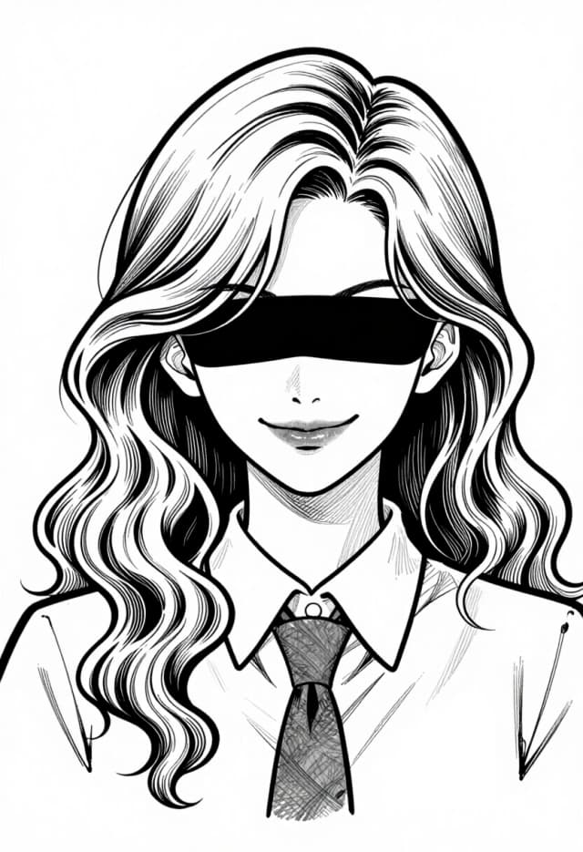 Manga-style portrait, black and white ink drawing. A girl with voluminous wavy hair. Eyes hidden by a solid black horizontal bar. Facial expression: haughty mockery, sophisticated smirk, elegant confidence. Wearing a school uniform shirt and tie. Fine line art, detailed textures, clean aesthetic, high contrast.