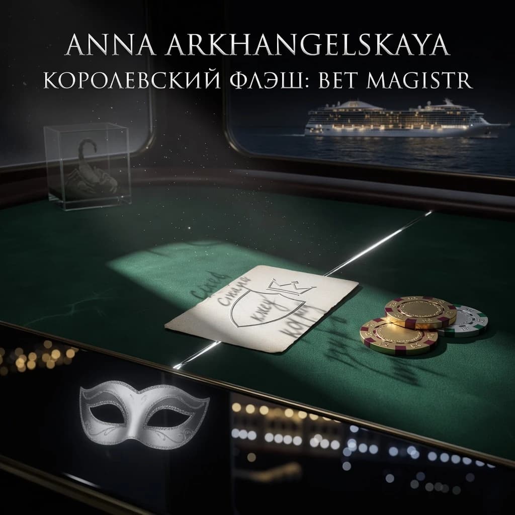Premium A5 book cover for a detective thriller, vertical orientation. Cinematic realism, hyper-detailed photorealism. 

Composition: A macro close-up shot of a professional poker table covered in deep emerald-green felt. In the center, a single, slightly worn playing card—a "White King" without a suit, featuring a minimalist crown contour and an empty shield. The card is textured, with faint, handwritten script visible through the paper as light bleeds through it. Beside the card lie two or three high-end casino chips and a sharp, thin crack of light cutting through the darkness, like a focused spotlight. 

In the polished, dark reflection of the table's surface, there is a ghostly, sophisticated white masquerade mask and the blurred, bokeh lights of Monte Carlo. In the upper corner, subtly out of focus behind frosted glass, a small, elegant terrarium reveals the faint, non-grotesque silhouette of a scorpion. In the far distance, visible through a window, a magnificent, glowing modern cruise liner glides on the dark sea.

Atmosphere: Cold luxury, intellectual tension, and an impending sense of threat. A light haze hangs in the air with microscopic dust particles dancing in a single dramatic light beam.

Color Palette: Deep obsidian black, rich emerald green, polished gold, subtle blood-burgundy accents, and sharp silver highlights.

Typography (Russian language only):
Top: "АННА АРХАНГЕЛЬСКАЯ"
Королевский флеш:
СТАВКА МАГИСТРА
