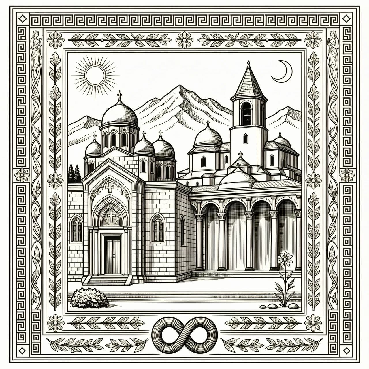 Engraving for a headstone, black and white line art, high contrast. A composite image where the Saint Gayane Church and the Tatev Monastery are intertwined seamlessly. The backdrop features the stylized outlines of Armenian mountains. The composition is framed with a delicate traditional Armenian ornamental border with an eternity symbol. Clean, elegant, respectful, vector style. --no color