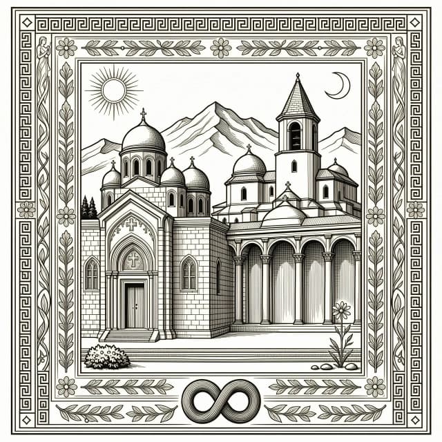 Engraving for a headstone, black and white line art, high contrast. A composite image where the Saint Gayane Church and the Tatev Monastery are intertwined seamlessly. The backdrop features the stylized outlines of Armenian mountains. The composition is framed with a delicate traditional Armenian ornamental border with an eternity symbol. Clean, elegant, respectful, vector style. --no color