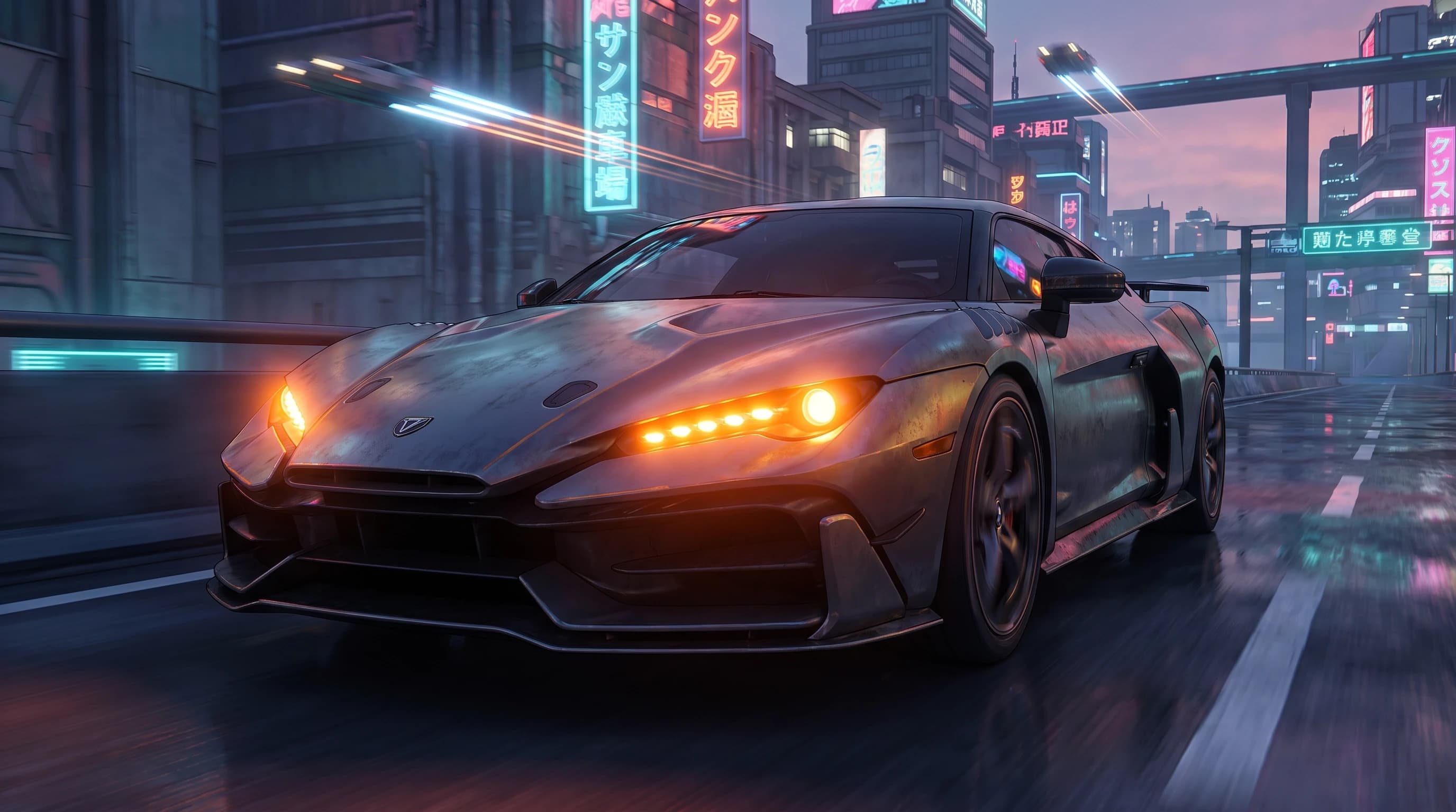 Italdesign Zerouno, едет по дороге, эпичный ракурс, горящие фары, шедевр, крупный план, стиль аниме с реалистичными деталями, киберпанк,