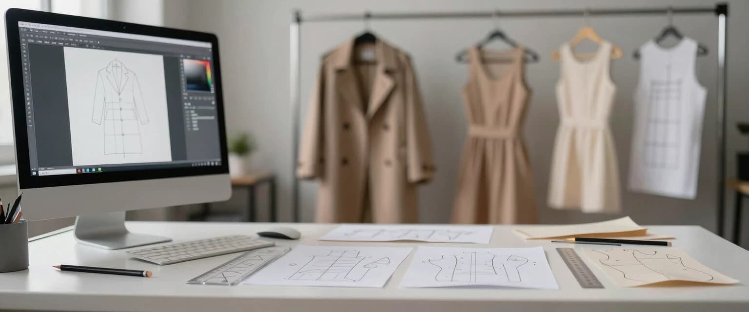 Photorealistic, frontal view of a clothing pattern design bureau. Foreground: a matte white desk with neatly arranged paper sewing patterns, transparent plastic drafting rulers (lecalas), technical flat sketches, graphite pencils, and a metal ruler. In the left corner of the desk, a modern COMPUTER with a large monitor showing CAD software displaying a 3D flattened pattern piece for a coat. Background (heavily blurred with bokeh): a metal clothing rack holding finished garment samples (a classic coat and two dresses), as well as finished paper patterns hanging on hangers. Lighting: soft directional light from the top-left (daylight, 5000K) highlighting the texture of the paper and plastic, with no glare on the monitor screen. Shallow depth of field, focus on the table with patterns and the COMPUTER.