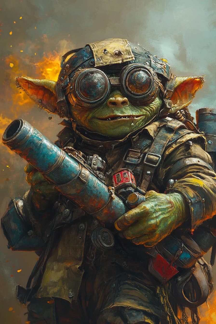 Fantasy character portrait, male goblin, green skin, tiny, shaking hands, wide crazy eyes, covered in soot, wearing scrap metal helmet, holding a homemade rocket launcher, background explosion smoke, chaotic fun style, cartoonish but dark, art by Wayne Reynolds, --ar 2:3

--style raw --stylize 200