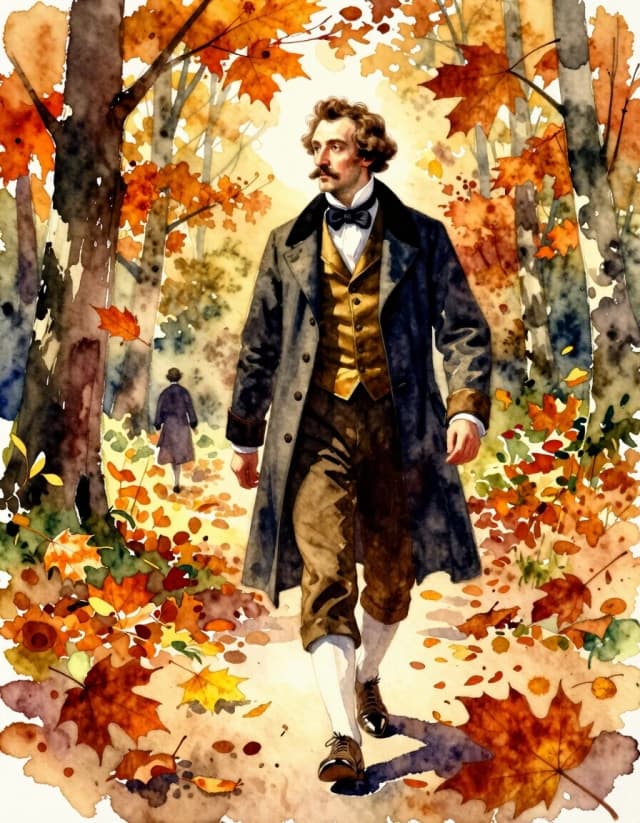 A masterpiece. Creating an image. The style is watercolor painting.((How artificial intelligence would depict Alexander Sergeevich Pushkin walking through a fabulous autumn forest, a sunny day and autumn leaves falling:1.6)). High resolution. High detail and clear texture. Close-up. High quality. Increased attention to small details. The aspect ratio is 3:4. The Levitan artist