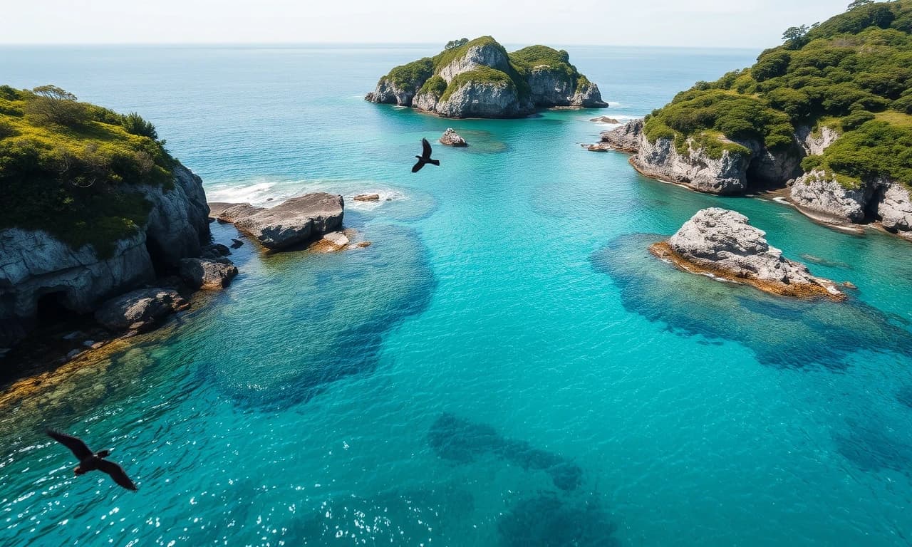 покажи берег Японского моря, вода чистая и голубая. На заднем фоне видны красивые скалы, которые обросли зеленью. Картинку сделать с высоты, как будто я смотрю сверху вниз. На небе изобрать несколько птиц
