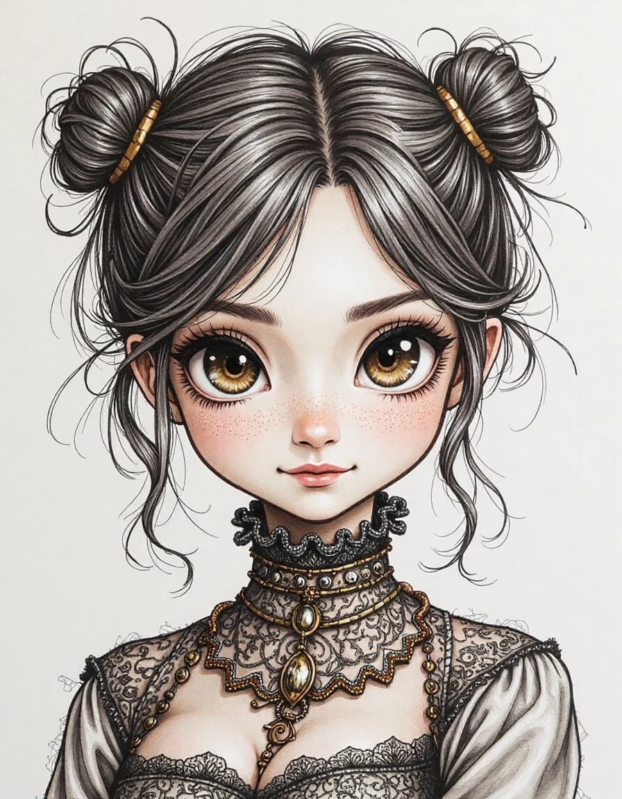 A real french portrait of a beautiful young goddess, big brown sparkling eyes, slight smile, fantasy clothes, messy hairstyle, intricate details and precisely drawn cross-hatching lines throughout the drawing, bold lines