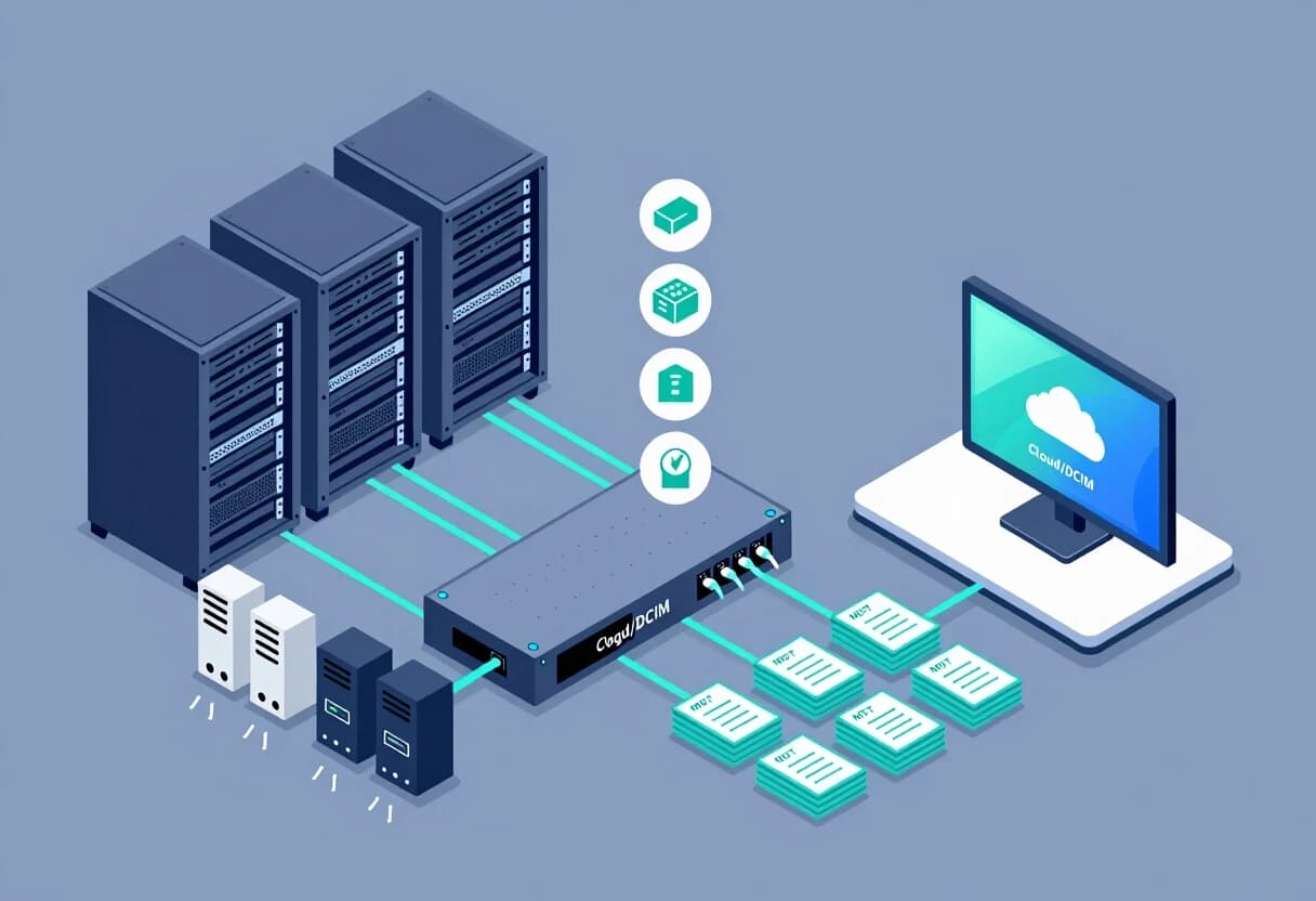 Isometric vector illustration of data center data collection architecture. Left side: server racks, chillers, UPS, PDU units, and environmental sensors emitting small data signals. Center: an edge IoT gateway controller box processing and filtering data streams. Right side: a cloud/DCIM platform receiving clean aggregated data packets via MQTT/OPC UA symbolic connections. Protocol icons floating between layers. Clean flat design, blue-teal-cyan palette, gray‑blue background, professional tech infographic, crisp lines, no text.