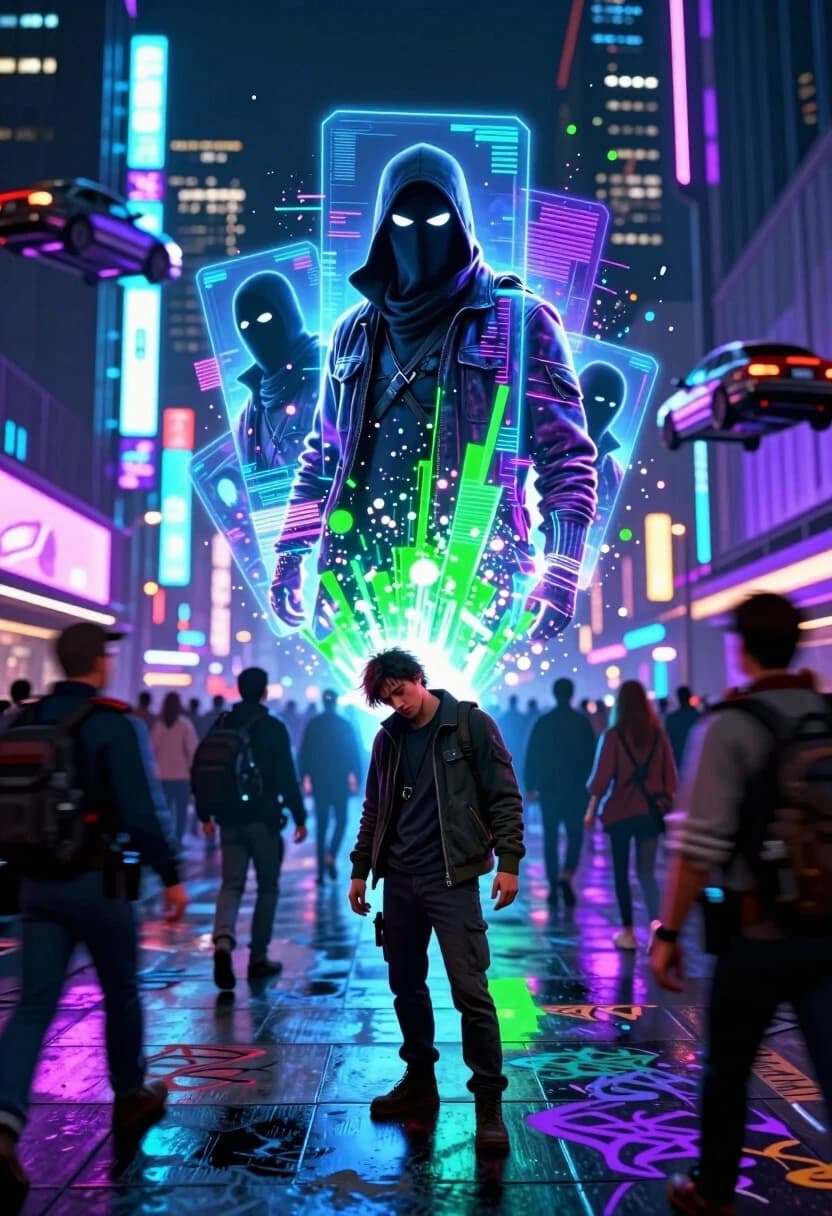High-energy futuristic street scene at night. In the middle of a crowded neon plaza, a holographic projection of a notorious figure flickers and splits into multiple streams of data: one stream shows him as a ruthless vigilante, another as a ghost-like thief, another as a savior who saved a whole district. The hologram is unstable—it breaks into particles, reassembles, and overlays different versions of him on top of each other. Meanwhile, the real person (smaller, quieter, in plain clothes) slips through the crowd, looking exhausted and determined, trying to get somewhere before the authorities arrive. He’s not posing, not fighting—he’s just moving with purpose. The crowd is rendered with motion blur, while the hologram and the man are sharp. Background: vertical city, flying vehicles, dense neon signage in electric blues, purples, and acid greens. Foreground: graffiti-covered wall, wet pavement reflecting the holograms. Lighting: harsh neon, rim light on the man, glowing particles from the hologram. Textures: glossy pavement, matte streetwear, digital glitches, metallic edges. 8K, octane render, motion blur for the crowd, particle effects for the hologram, depth of field, dynamic low-angle shot, sense of speed and dissonance between the myth and the human.