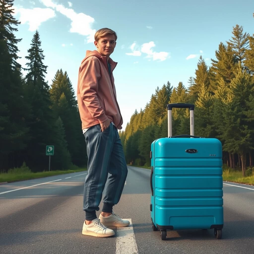 A mystical illustration of a handsome young man in his 20s with blond hair and eyes standing on a highway in the middle of a pine forest. He's wearing striped pajama pants and a pink windbreaker, looking around, and next to him is a large blue rolling suitcase with a handle. High-quality image, attention to detail.