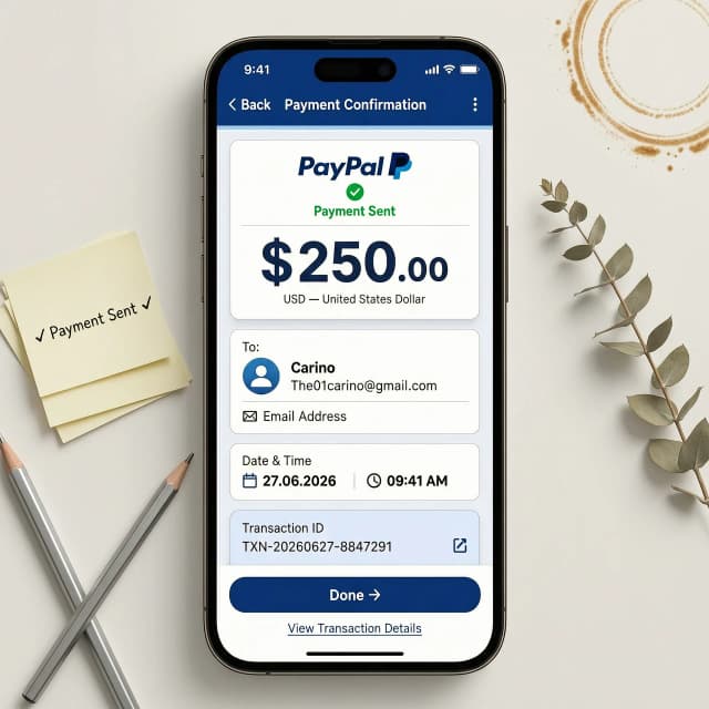 Generate an electronic transfer/bill for $250 in a mobile version of PayPal to The01carino@gmail.com on 27.06.2026