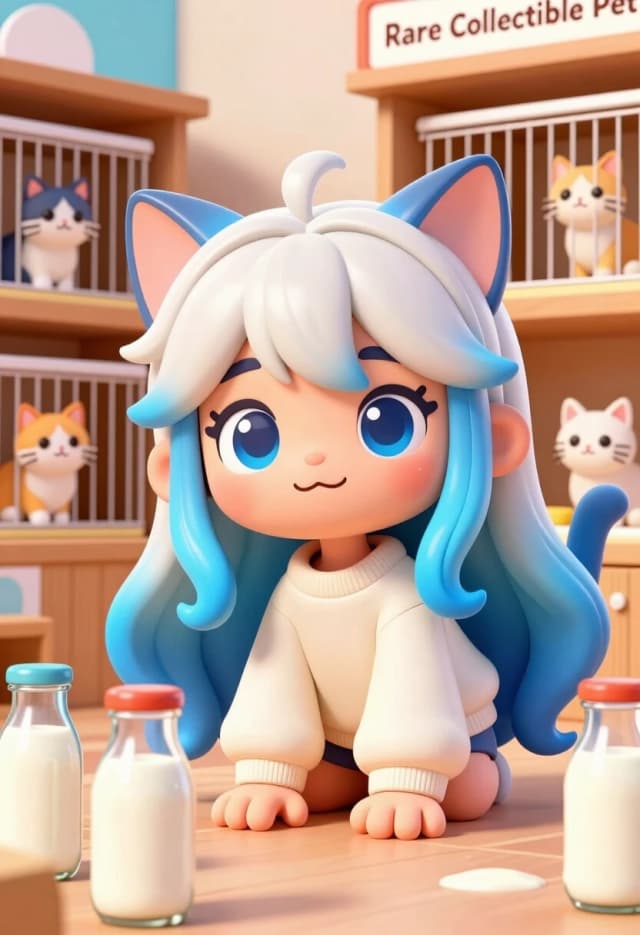 Stylized 3D cartoon render of a fun pet shop. A cat‑girl with long platinum hair and bright blue tips is posed in a playful crouch, hands on the floor, big expressive eyes looking forward. She wears a cozy off‑white sweater; her cat ears are smooth and slightly translucent at the tips. In front of her — glass milk bottles with creamy liquid, rendered with glossy reflections. Background: wooden shelves and wire cages with real cats in cute poses. A small sign above her reads “Rare Collectible Pet” in a playful font. Bright, saturated colors, clean shapes, smooth shading, and soft rim lighting. The mood is cheerful and comical, like a scene from a family‑friendly animated series. High‑poly but stylized, crisp textures, vibrant contrasts, dynamic but balanced composition.