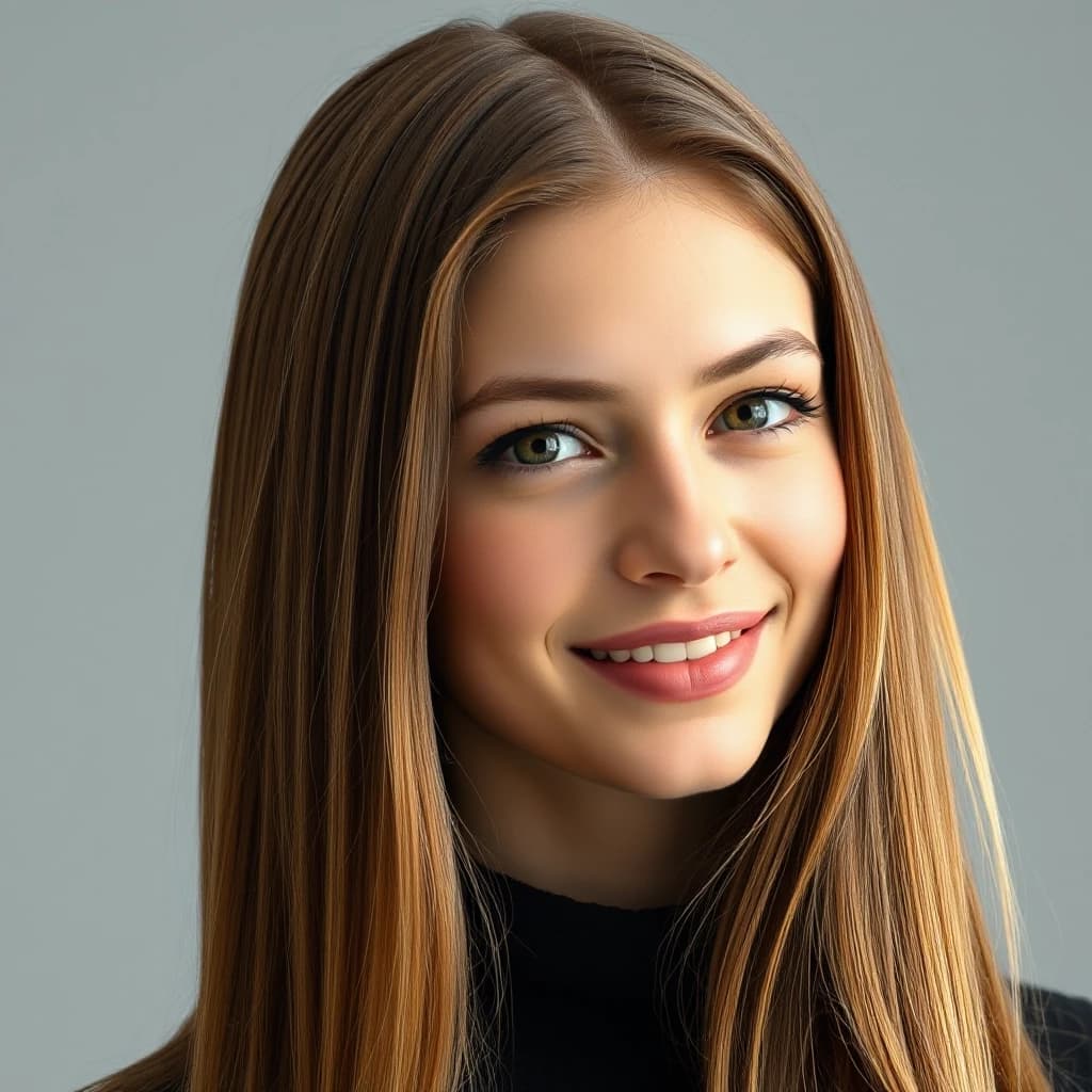 A hyper-realistic portrait of a young woman who is a hybrid of Alicia Vikander and the girl from the second photo. She has long, straight light-brown hair, soft soulful eyes, and a warm, charming smile. Her facial structure combines the delicate, elegant features of Alicia with the modern, bright look of the second girl. Natural studio lighting, soft shadows, 8k resolution, cinematic quality, detailed skin texture.