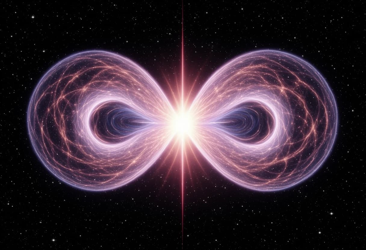 "A massive galactic quantum spiral shaped like an hourglass, consisting of two gigantic rotating energy funnels that taper and meet at the exact center. A blinding quantum flash explosion occurs at the convergence point where the funnels touch. Side view emphasizing the 3D volumetric structure and depth. The image highlights the boundless vastness of space with countless shimmering stars in the deep black background. Cinematic lighting, photorealistic, 8k resolution, epic scale, glowing energy filaments.
