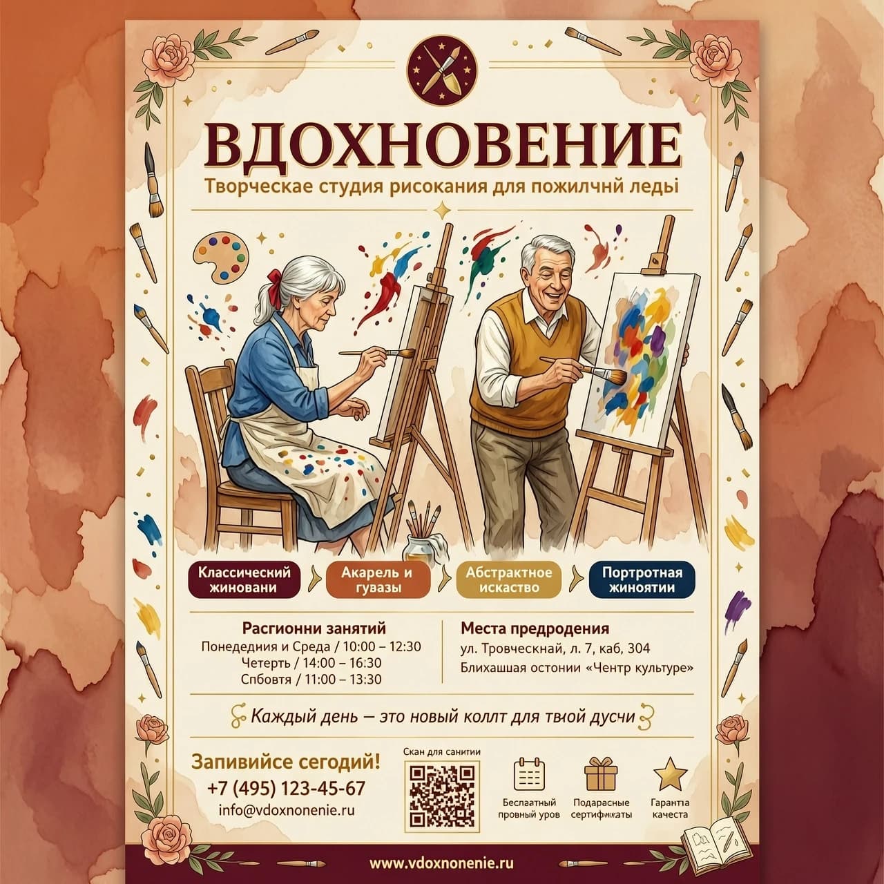 Создай рекламную афишу для творческой студии рисования "вдохновение" для пожилых людей