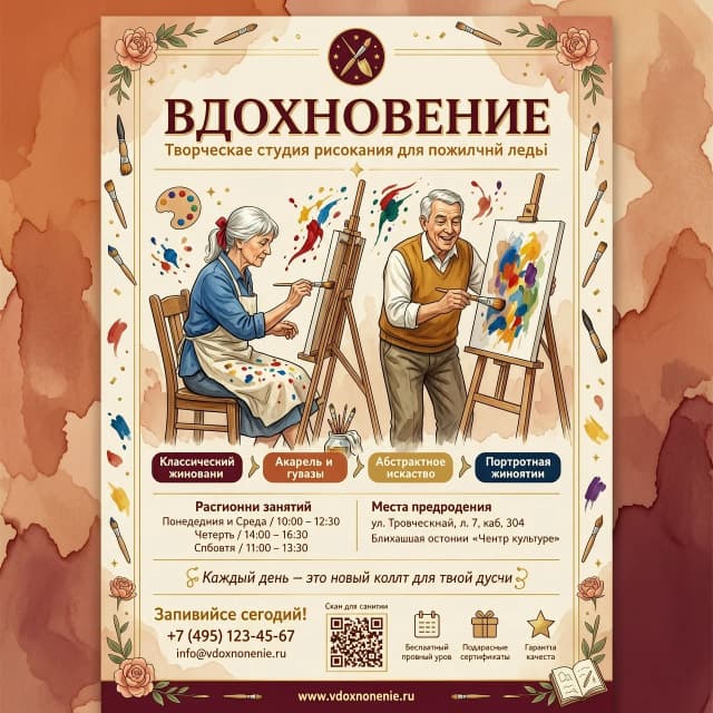 Создай рекламную афишу для творческой студии рисования "вдохновение" для пожилых людей