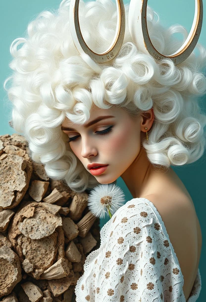 Description: Photorealistic detailed concept art in a minimalist style, various textures, stone and bark, aesthetic, attractive white albino woman looking down, mint lips, conceptual mint color and white, recording, really huge white hair curly hair white dandelion, perforated pages, French hairstyle, woman and giant mint crescent moon, mint background.