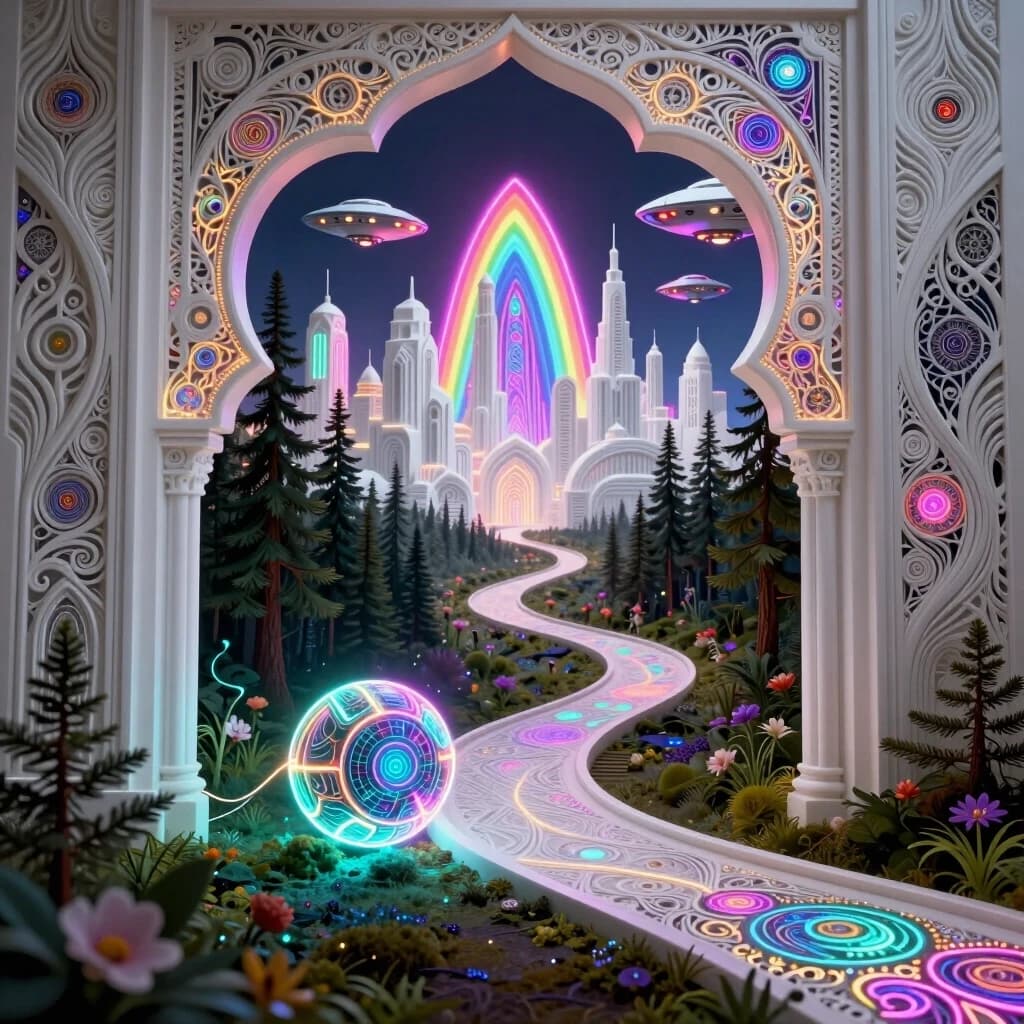 Background: a winding path leading from the forest to a white city. In the middle and far distance, a street in a futuristic ornamental white city with a (thrilling triphobic) neon pattern, spaceships, and flying saucers. Porous surfaces, zentangle, and shimmering. In the foreground, a magical forest with pine trees and flowers. A neon cybernetic ball rolls along the path. A thread from the ball. Shimmering and sparking. Glowing from the inside. Openwork metal carving, like delicate lace. Contrasting edges. Sparkling, shimmering colors. Style: Rococo, Neo-Rococo, Baroque, Mudéjar, light oriental motifs, Art Nouveau. High quality and detailed work. Baroque curves. Fascinating contrasting image. Attracts the eye. Play of light. Depth and volume. Art Deco, Gothic. In the style of Andrew Jones, Julie Dillon, David Gallchatt, Josephine Wall. Glowing patterns, bioluminescent drawing. Aetherial lighting, jewelry with details, mystical atmosphere. High detail, surrealism. Otherworldly effect, sacred geometry, futuristic tribal, rainbow, magical realism.