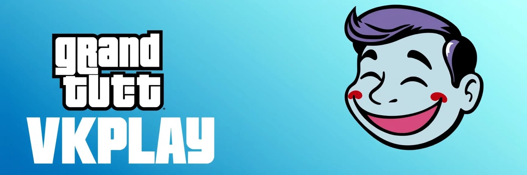 создай изображение, слева логотип VKPLAY справа изображение смайлик Red-John-Smiley-Face из сериала менталист на фоне с градиентным  переходом светлых оттенков синего