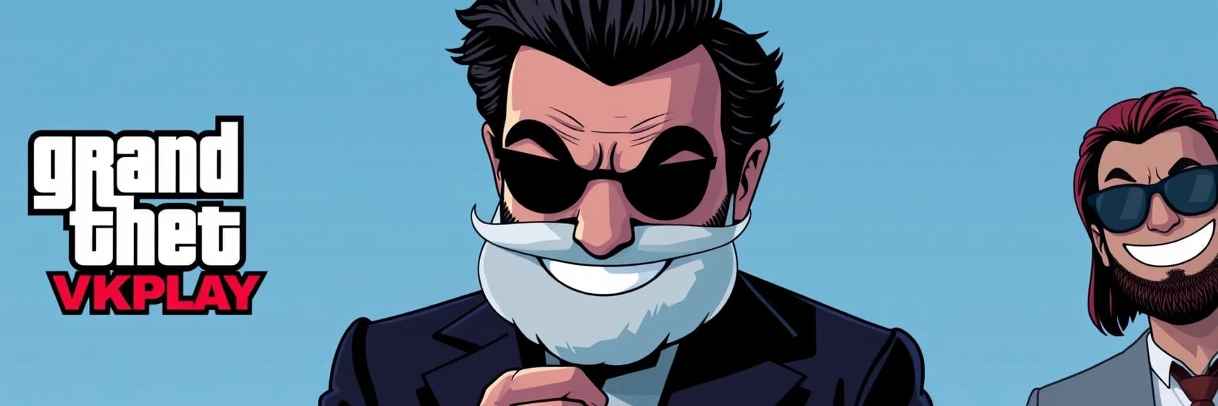 создай изображение, слева логотип VKPLAY справа изображение смайлик Red-John-Smiley-Face из сериала менталист на фоне с градиентным  переходом светлых оттенков синего