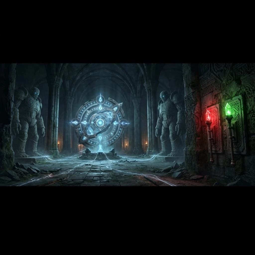 Dark fantasy Dungeons & Dragons dungeon, enormous ancient stone hall, high vaulted ceiling, massive stone columns, dark mysterious atmosphere.

Two gigantic stone guardian golems standing motionless on opposite sides of the hall, massive humanoid bodies, ancient and intimidating.

In the very center of the hall stands a huge ancient rotating magical mechanism, a massive circular stone-and-metal structure, clearly the main object of the room. Faint magical energy glows from the mechanism and spreads across the stone floor toward the two golems.

On a side wall, separate from the central mechanism, are two ancient control levers: one lever with a bright glowing red crystal and one lever with a bright glowing green crystal. Both levers are mounted directly into the stone wall next to each other.

Wide cinematic composition from the entrance. The huge rotating mechanism dominates the center of the room. The two giant golems stand on the left and right sides of the hall. The red and green wall levers are clearly visible on one side of the scene.

Cold magical lighting, red and green crystal glow, subtle floor fog, deep shadows, ancient abandoned dungeon, ominous atmosphere.

Cinematic fantasy concept art, realistic stone and metal, highly detailed, dramatic lighting, volumetric light, epic scale, 16:9.

No characters, no combat, no modern technology, no sci-fi elements, no steampunk.