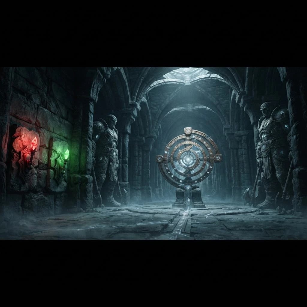 Dark fantasy Dungeons & Dragons dungeon, enormous ancient stone hall, high vaulted ceiling, massive stone columns, dark mysterious atmosphere.

Two gigantic stone guardian golems standing motionless on opposite sides of the hall, massive humanoid bodies, ancient and intimidating.

In the very center of the hall stands a huge ancient rotating magical mechanism, a massive circular stone-and-metal structure, clearly the main object of the room. Faint magical energy glows from the mechanism and spreads across the stone floor toward the two golems.

On a side wall, separate from the central mechanism, are two ancient control levers: one lever with a bright glowing red crystal and one lever with a bright glowing green crystal. Both levers are mounted directly into the stone wall next to each other.

Wide cinematic composition from the entrance. The huge rotating mechanism dominates the center of the room. The two giant golems stand on the left and right sides of the hall. The red and green wall levers are clearly visible on one side of the scene.

Cold magical lighting, red and green crystal glow, subtle floor fog, deep shadows, ancient abandoned dungeon, ominous atmosphere.

Cinematic fantasy concept art, realistic stone and metal, highly detailed, dramatic lighting, volumetric light, epic scale, 16:9.

No characters, no combat, no modern technology, no sci-fi elements, no steampunk.