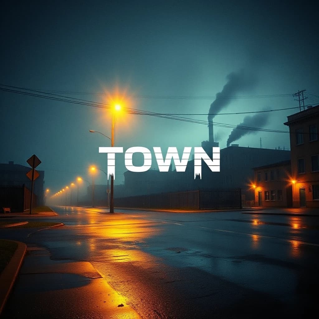 Album cover for a phonk track titled "Town", 1024x1024 pixels. Cinematic view of a menacing Eastern European or American industrial city skyline at 3 AM under heavy rain. A single old-fashioned streetlamp casts harsh pools of warm yellow light on the empty intersection. Thick mist rises from the sewers. In the center of the composition, integrated into the environment like a hologram or spray-painted ghost on a brick wall, is the title "TOWN" in distorted retro cyberpunk font. Gritty lo-fi texture, heavy film grain, VHS scanlines, chromatic aberration, high contrast cinematic lighting, cold shadows — ar 1:1 — style raw