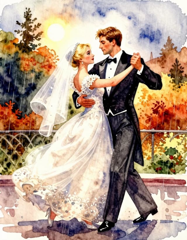 A masterpiece. Creating an image. The style is watercolor painting. Delicate watercolor on raw, on paper.((Against the background of an autumn landscape, dancing in the warm rain, in the foreground a beautiful blonde girl, expressive eyes, clear facial features, in a wedding dress and veil, and a handsome young man in a tuxedo, in full height, dancing together, holding hands, waltz Boston in the warm summer rain, the sun is shining:1.6)). High resolution. High detail and clear texture. Close-up. High quality. Increased attention to small details. The aspect ratio is 3:4. The artists are Levitan, Shishkin.
