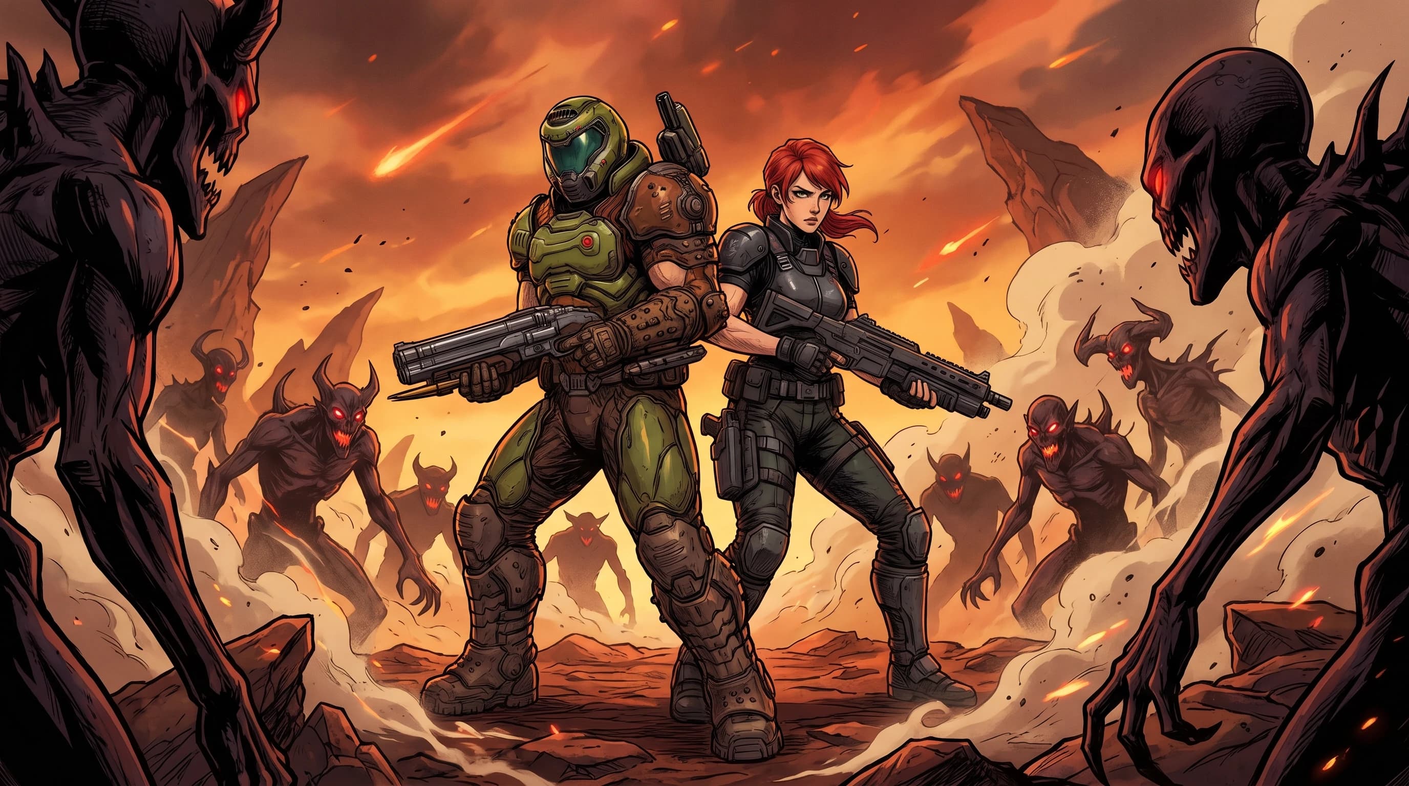 Doom (Франшиза) и Quake (Франшиза), Кроссовер, Думгай и девушка Крэш (Quake), напарники, боевая стойка, спина к спине, на фоне злых демонов, стиль аниме с реалистичными деталями, шедевр