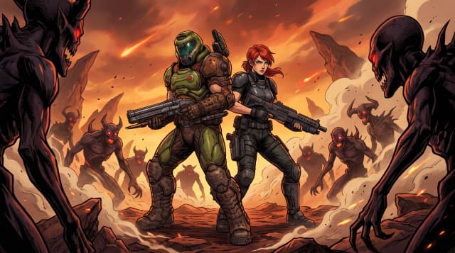 Doom (Франшиза) и Quake (Франшиза), Кроссовер, Думгай и девушка Крэш (Quake), напарники, боевая стойка, спина к спине, на фоне злых демонов, стиль аниме с реалистичными деталями, шедевр