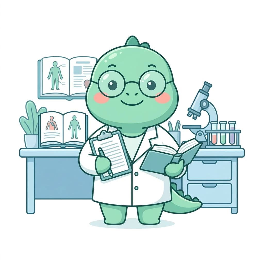 Flat vector illustration, cute green medical mascot character wearing a white doctor's coat and round glasses, standing confidently in front of a medical study desk, holding a clipboard and an open book, cozy medical study desk layout, open anatomy books, microscope, test tubes, pastel mint green, white, and light blue color palette, soft studio lighting, clean and professional design, no harsh shadows, isolated minimalist white background, high resolution, uniform style, no text, --ar 4:3 --v 6.0 --style raw