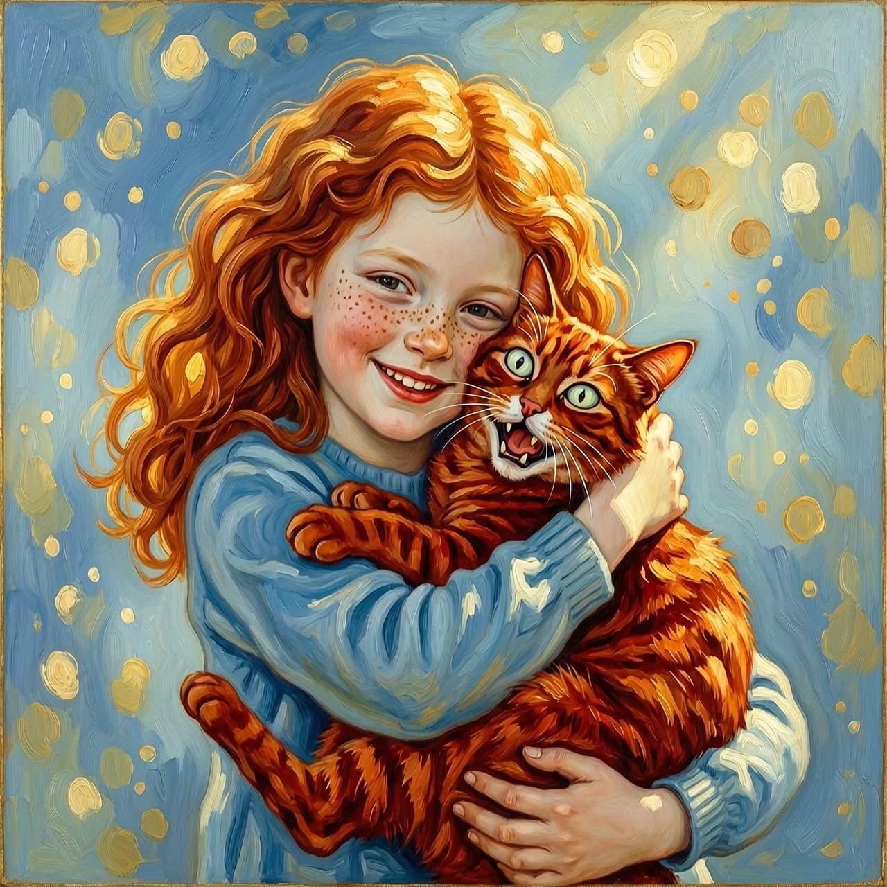 A cheerful red-haired girl holds a big red cat in her arms, hugging it. The girl has fluffy bright red hair, a freckled face, the sun's rays play in her hair, emphasizing its volume. The cat's face is crazy. Sunlight from above and from the side, diffused, blue diffused shadows on the girl and the cat. Abstract background, blurry light spots. Exquisite detailing, a masterpiece, oil painting, soft transitions, pure colors of the solar spectrum. art by Valentin Serov, Zinaida Serebryakova.