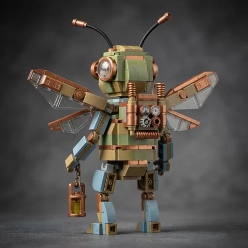 A never-before-seen original LEGO creation: [Maya the Bee].
Designed as a unique custom minifigure or brick-built character NOT found in any official LEGO set, catalog, or fan database.
Completely original color scheme: no primary colors, only an unconventional palette with muted tones, metallic accents, and unexpected color combinations.
Unusual symmetrical design.
Hybrid aesthetics, unrelated themes combined into a single, cohesive character.
Meticulous detailing: custom accessories never seen in official sets, unique surface textures, distressed plastic finish with subtle scratches, scuffs, and authentic wear marks indicating real-world use.

Cinematic studio lighting, macro photography, shallow depth of field, ultra-realistic plastic material with visible injection-molded seams and authentic LEGO clutch mechanism details, 8K resolution, isolated on a solid gradient background.
No logos, no existing IP characters, no recognizable franchises, no copies of any existing sets, no references to official LEGO themes.